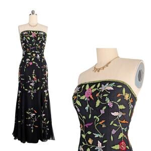 Vintage Sean Collection Prom Dress Maxi Gown L Black Floral Y2K Silk Feminine